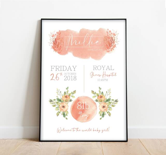 Girls Pink Baby Birth Announcement Print - Newborn Print Personalised Gift Flower Wall Art Shower Newborn Name - image 1