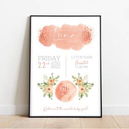 Girls Pink Baby Birth Announcement Print - Newborn Print Personalised Gift Flower Wall Art Shower Newborn Name - thumbnail 3