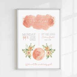 Girls Pink Baby Birth Announcement Print - Newborn Print Personalised Gift Flower Wall Art Shower Newborn Name - thumbnail 2