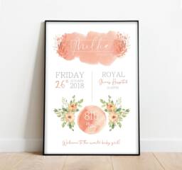 Girls Pink Baby Birth Announcement Print - Newborn Print Personalised Gift Flower Wall Art Shower Newborn Name - thumbnail 1
