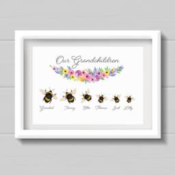 Personalized Bumble Bee Family Print Grandparent Mother's Day Gift, Watercolor Style - thumbnail 1