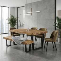 Boston Vf Dining Table Solid Wood - Industrial V Frame Steel Legs Modern Rustic Interior Design Cozy Natural & Stylish - thumbnail 3