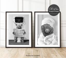 Set Of 2, His & Hers, Highland Cow Funny Bathroom Prints, On The Toilet in A Bathrobe, Valentines Day Or Anniversary Prints - thumbnail 1