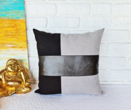 Color Block Pillow Cover Black Linen & Gray Faux Leather Cushion - thumbnail 1