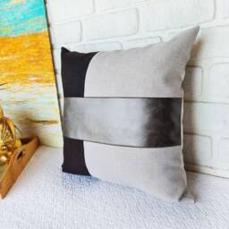 Color Block Pillow Cover Black Linen & Gray Faux Leather Cushion - thumbnail 3