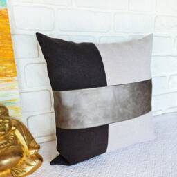 Color Block Pillow Cover Black Linen & Gray Faux Leather Cushion - thumbnail 2