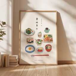 Japanese Breakfast Food Poster, Kawaii Sushi & Bento Wall Art, Cute Anime Style Kitchen Decor, Traditional Meal Illustration Print - thumbnail 3