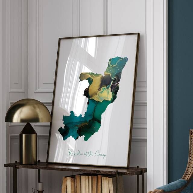 Republic Of The Congo Map Emerald Green & Gold Wall Art Print - image 1
