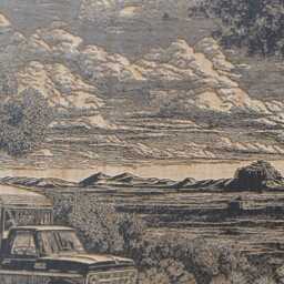 Truck Camper On A Campsite in Desert Wall Art - Nature Inspired Engraved Wood Lithograph Illustration, Wanderlust Art, Adventure Camp Print - thumbnail 3