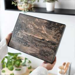 Truck Camper On A Campsite in Desert Wall Art - Nature Inspired Engraved Wood Lithograph Illustration, Wanderlust Art, Adventure Camp Print - thumbnail 2