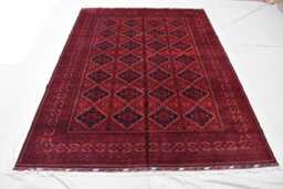 Handmade Afghan Bukhara Rug Red Geometric Wool Carpet - 11.3x8.10 Ft - thumbnail 1