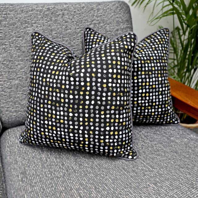 Black Spotty, Dotty, Polka Dot Scatter Cushion Covers With Grey Piping in 100% Cotton Fabric By Iliv. Black/Grey/Mustard Throw Pillows - image 1