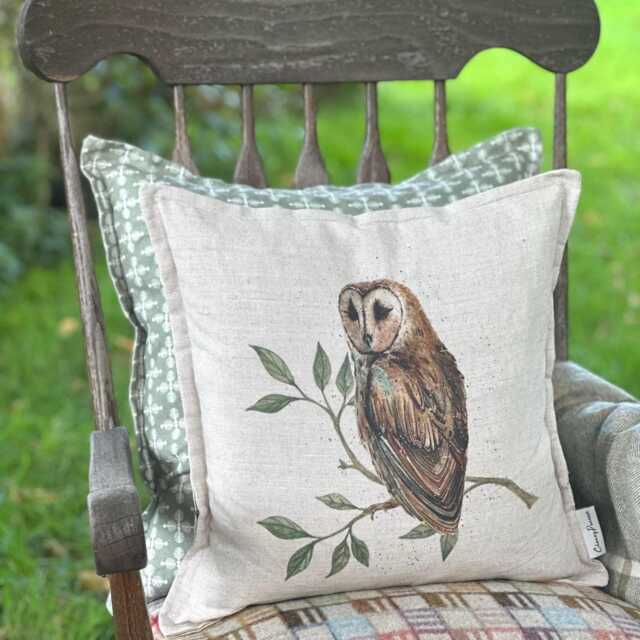 Barn Owl Linen Cushion Cover Handcrafted Oxford Edge, Cheney Penrose Design - image 1
