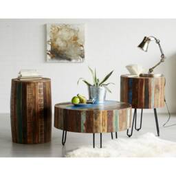 Rustic French Style Reclaimed Wood Hairpin Metal Legs Round Top Coffee Tables Bedside End Table - thumbnail 2