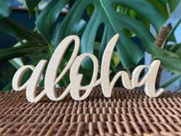 Aloha Beachy Wooden Freestanding Sign - Hawaii Cutout Stand-Alone Shelf Wall Decor Welcome Family Wedding Nursery