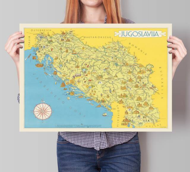 Jugoslavia Map - Vintage Reproduction Of 1954 Jugoslavija Print Rijeka Ljubljana Zagreb Sarajevo Titograd Skopje Subotica - image 1