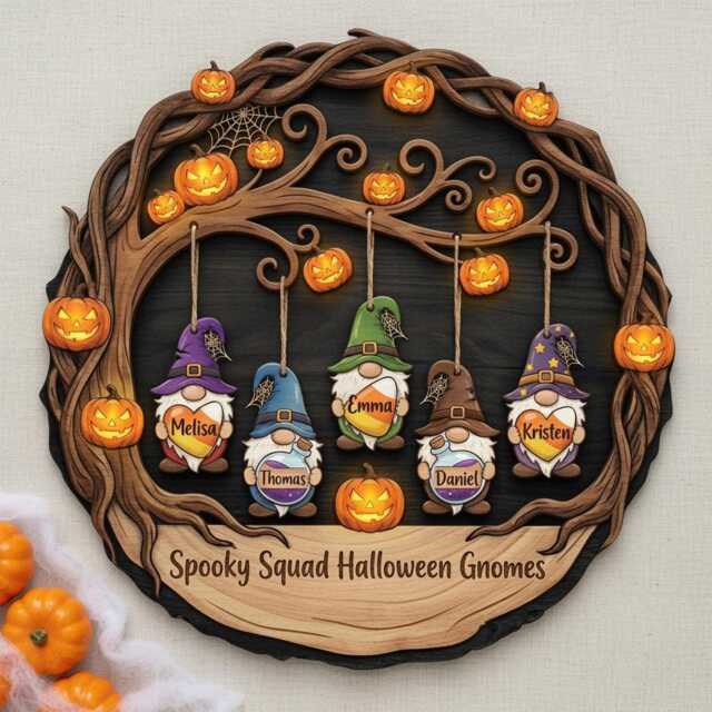 Personalized Halloween Gnome Family Sign, Spooky Squad Wooden Wall Decor, Autumn Gnomes Door Hanger - image 1