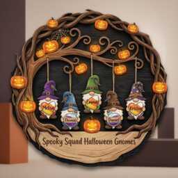 Personalized Halloween Gnome Family Sign, Spooky Squad Wooden Wall Decor, Autumn Gnomes Door Hanger - thumbnail 2