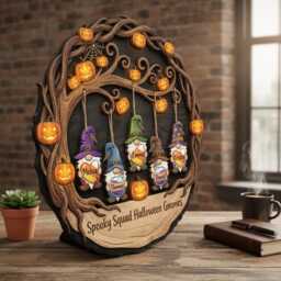 Personalized Halloween Gnome Family Sign, Spooky Squad Wooden Wall Decor, Autumn Gnomes Door Hanger - thumbnail 3