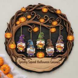 Personalized Halloween Gnome Family Sign, Spooky Squad Wooden Wall Decor, Autumn Gnomes Door Hanger - thumbnail 1