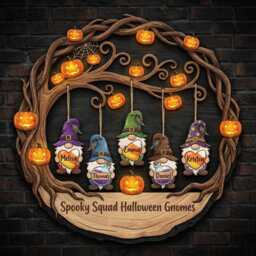 Personalized Halloween Gnome Family Sign, Spooky Squad Wooden Wall Decor, Autumn Gnomes Door Hanger - thumbnail 4