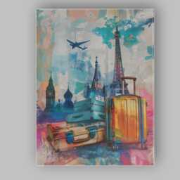 Colourful European Travel Landmarks Suitcase Collage Canvas Wall Art Print Decor Picture Ready To Hang - thumbnail 1