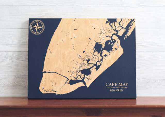 Cape May, New Jersey - Engraved Wood Coastal Chart Wall Art Sign, Beach House Home Decor Nautical Print, Unique Personalized Family Gift - image 1