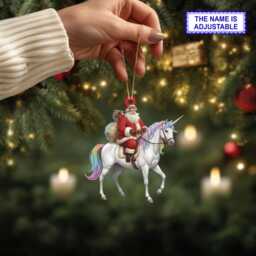 Santa Riding Unicorn Acrylic 2D Flat Christmas Ornament, Festive Tree Hanging Holiday Decoration, Unique Unicorn Gift - thumbnail 3