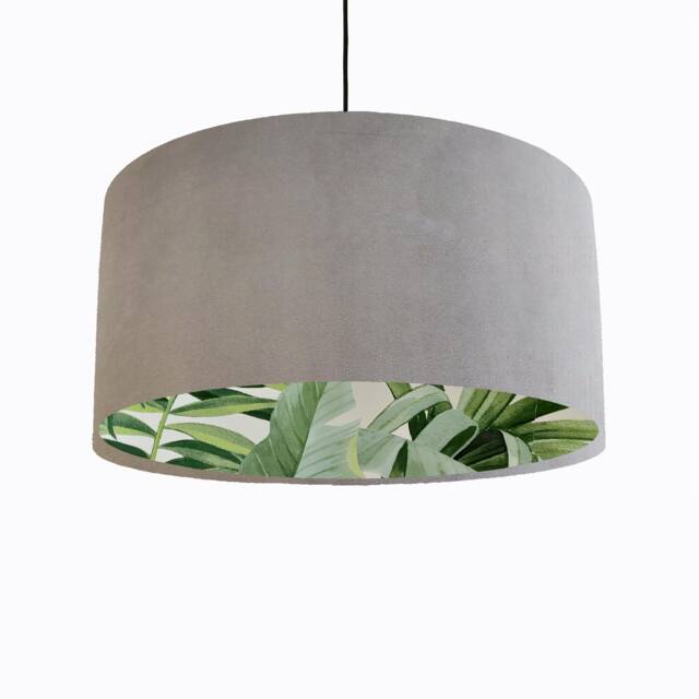 Grey Velvet Drum Lampshade With Lush Green Leaves Lining, Large Dove Tropical Lightshade - image 1