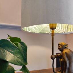 Grey Velvet Drum Lampshade With Lush Green Leaves Lining, Large Dove Tropical Lightshade - thumbnail 2