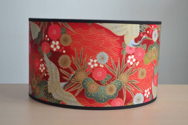 Japanese Red & Gold Fabric Flower Lampshade With Crane Bird, Bird Table Lamp, Floor Lighting - image 1