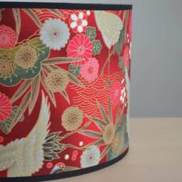Japanese Red & Gold Fabric Flower Lampshade With Crane Bird, Bird Table Lamp, Floor Lighting - thumbnail 3