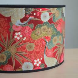 Japanese Red & Gold Fabric Flower Lampshade With Crane Bird, Bird Table Lamp, Floor Lighting - thumbnail 2