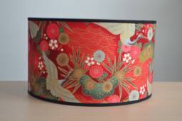 Japanese Red & Gold Fabric Flower Lampshade With Crane Bird, Bird Table Lamp, Floor Lighting - thumbnail 1