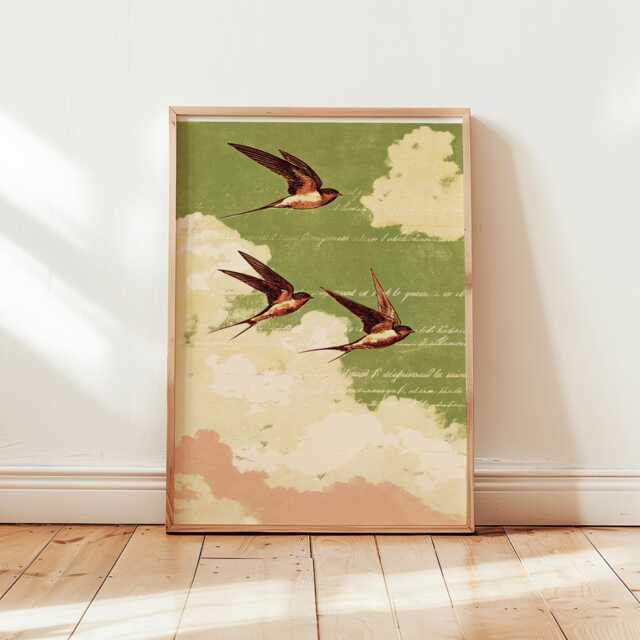 Vintage Swallow Flight Poster - Whimsical Bird Wall Art Antique Script & Clouds Sage Green Decor - image 1