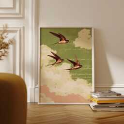 Vintage Swallow Flight Poster - Whimsical Bird Wall Art Antique Script & Clouds Sage Green Decor - thumbnail 2