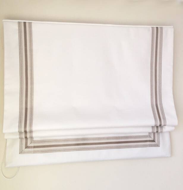 Relaxed Roman Shade, White Faux Linen, Beige Trim, Custom Window Treatment - image 1