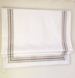Relaxed Roman Shade, White Faux Linen, Beige Trim, Custom Window Treatment - thumbnail 1
