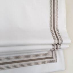 Relaxed Roman Shade, White Faux Linen, Beige Trim, Custom Window Treatment - thumbnail 3