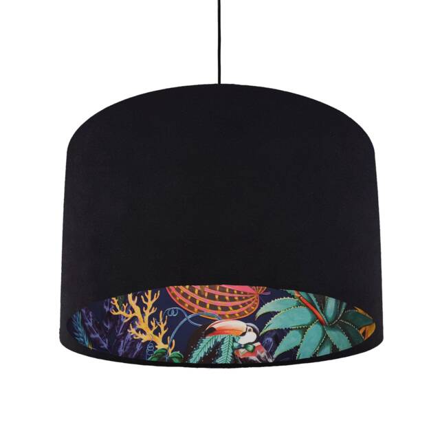 Black Velvet Lampshade With Tropical Wonderland Lining, Large Ceiling Lightshade - image 1