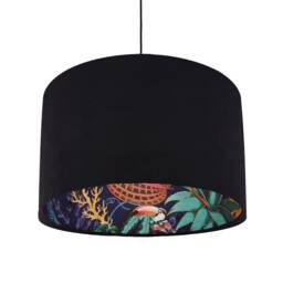 Black Velvet Lampshade With Tropical Wonderland Lining, Large Ceiling Lightshade
