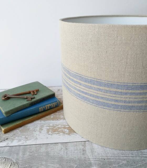 Blue Stripe Linen Drum Lampshade - Scandi French Style - image 1
