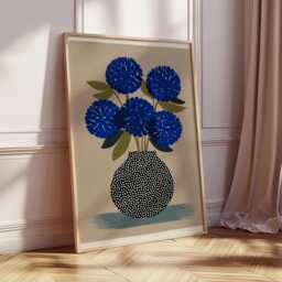 Modern Floral Wall Art, Blue Chrysanthemum Vase Print, Mid Century Botanical Poster, Minimal Nature Artwork, Contemporary Home Decor - thumbnail 2