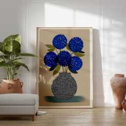 Modern Floral Wall Art, Blue Chrysanthemum Vase Print, Mid Century Botanical Poster, Minimal Nature Artwork, Contemporary Home Decor - thumbnail 4