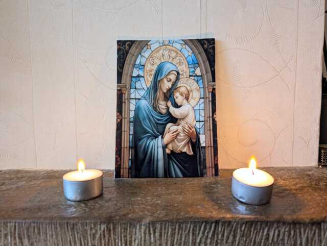 Our Lady Stained Glass Canvas - Catholic Home Altar Art Virgin Mary Wall Print Small Religious Gift Marian Devotional Image - image 1