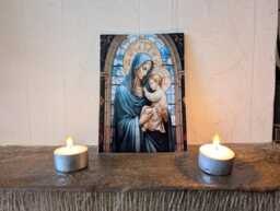 Our Lady Stained Glass Canvas - Catholic Home Altar Art Virgin Mary Wall Print Small Religious Gift Marian Devotional Image - thumbnail 1