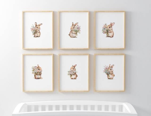 Set Of 6 Bunny Art Prints For Nursery, Rabbit Pictures Babies Bedroom, Bunnies With Flowers, Kids Room Decor, Gender Neutral Playroom - image 1