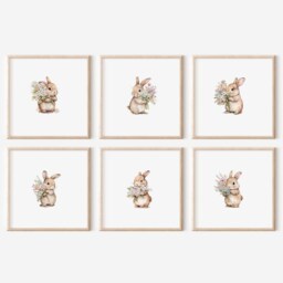 Set Of 6 Bunny Art Prints For Nursery, Rabbit Pictures Babies Bedroom, Bunnies With Flowers, Kids Room Decor, Gender Neutral Playroom - thumbnail 3