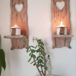 Pair Of Solid Oak Handmade Rustic Heart Candle Sconces Size 40x12 cm .candles Etc Not Included - thumbnail 3