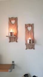 Pair Of Solid Oak Handmade Rustic Heart Candle Sconces Size 40x12 cm .candles Etc Not Included - thumbnail 2